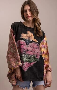 Blue Velvet Heart Graphic Patchwork Poncho Tee Kimono Sleeves - Eclectic Artist